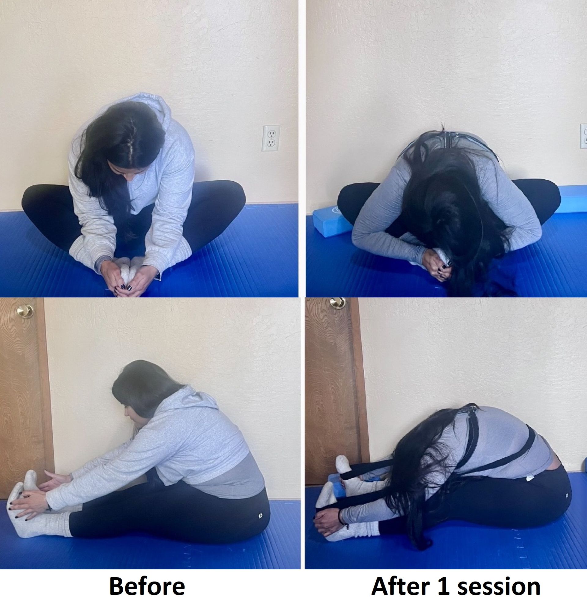 Women's remarkable flexibility progress in hamstring & butterfly stretch
