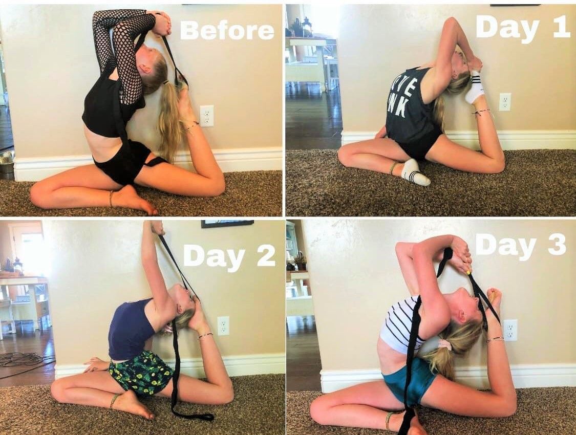 Testimonial showing stretch in king pigeon pose day 1 to day 3 showing back flexibility progress going further each day
