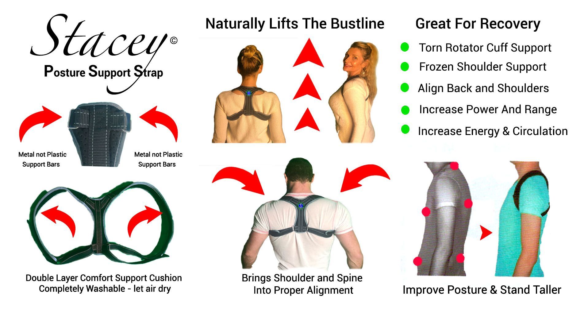 Stacey support posture strap showing benefits for neck, back & shoulders