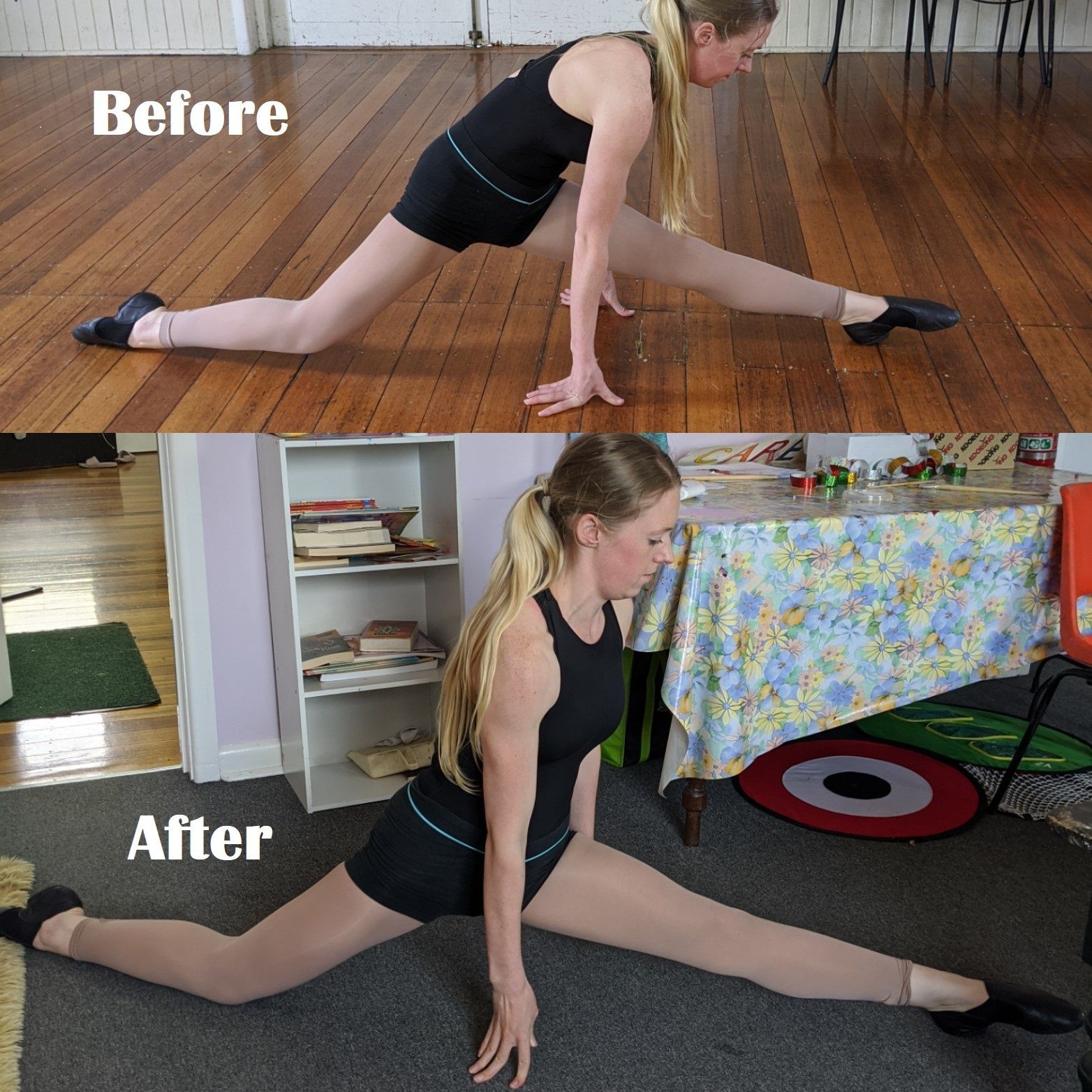 phot testimonial of splits progress after training with "Flexibility Makeover for Dancers Held back by Tightness"
