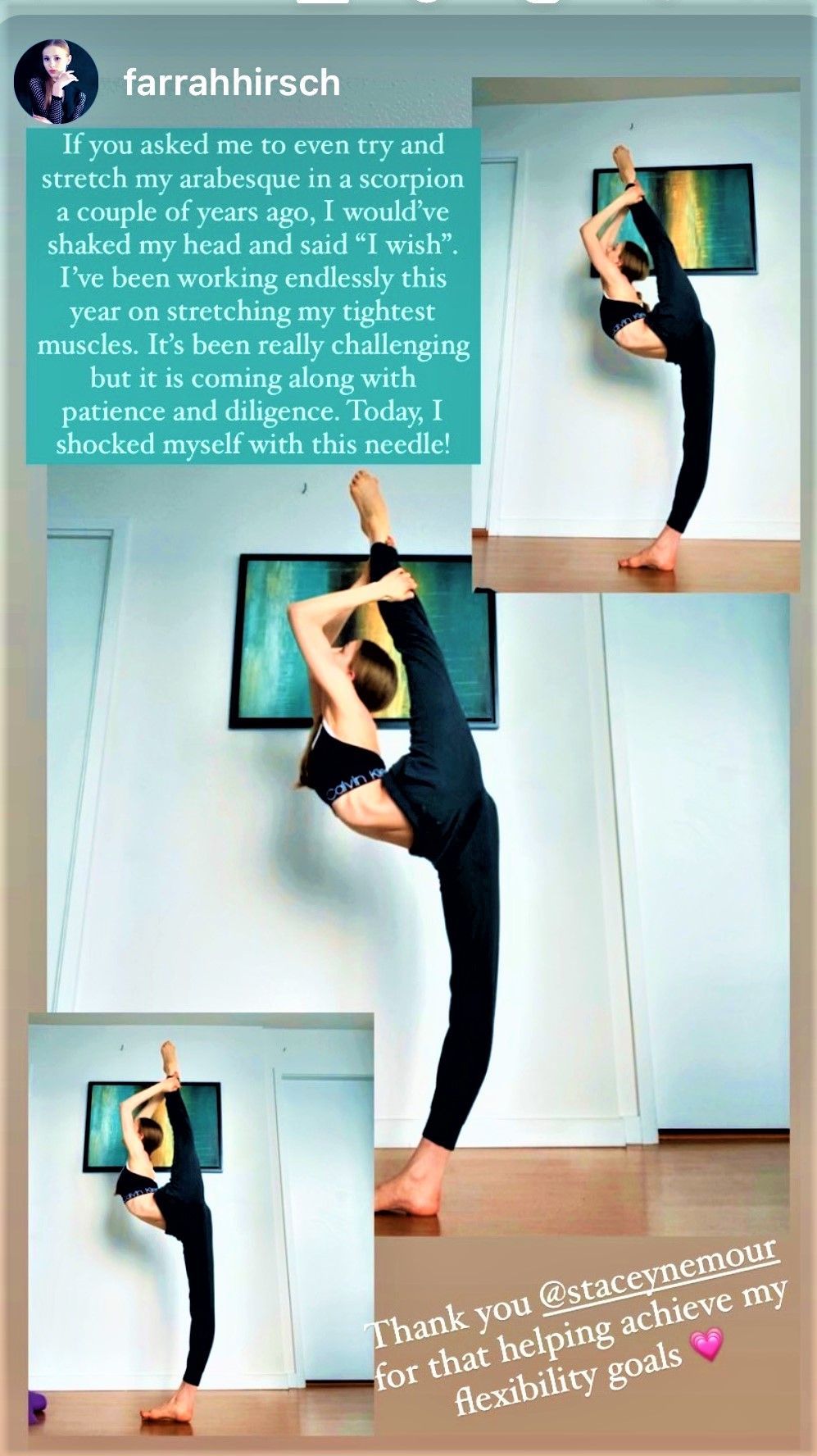 Ballerina picture testimonial now flexible enough to do her dream pose "the Needle"