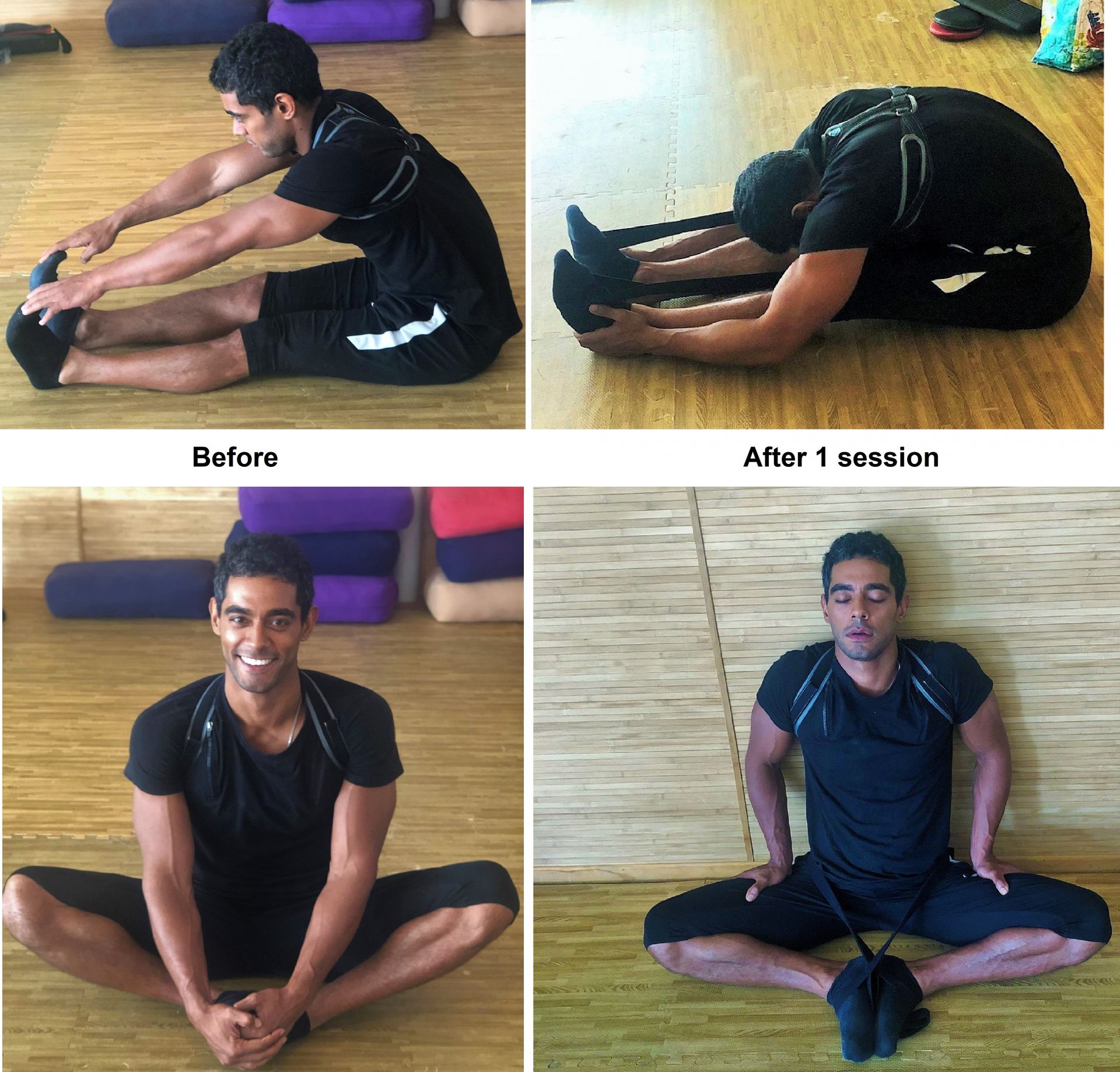 Actor Nick Sagar showing measurable flexibility progress in hamstrings, hips & hip flexors