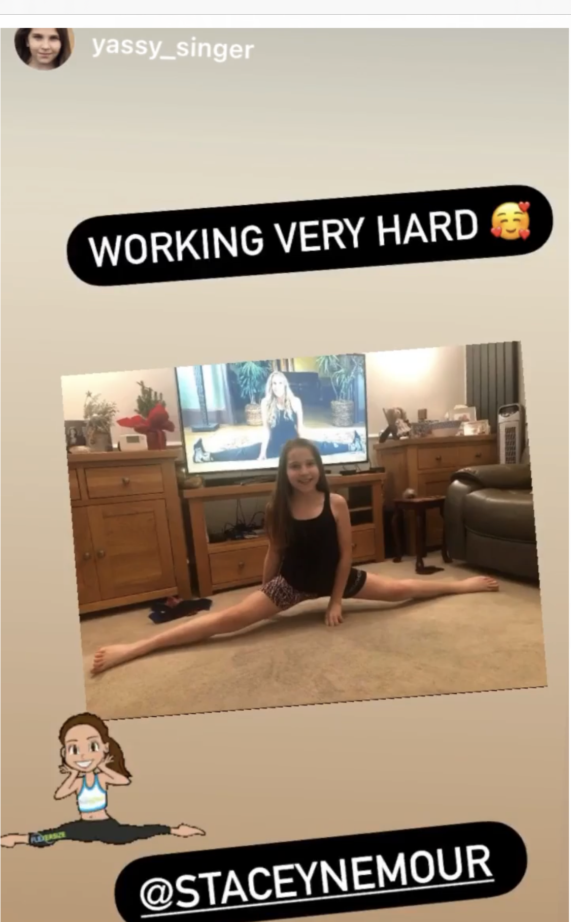 Social media testimonial post young girl doing middle splits with Stacey's video program on TV behind her doing middle splits