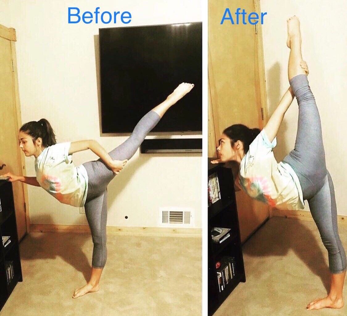 Cheerleader before photo leg 1/2 way up in back  massive increased flexibility after she's holding leg straight up behind  her
