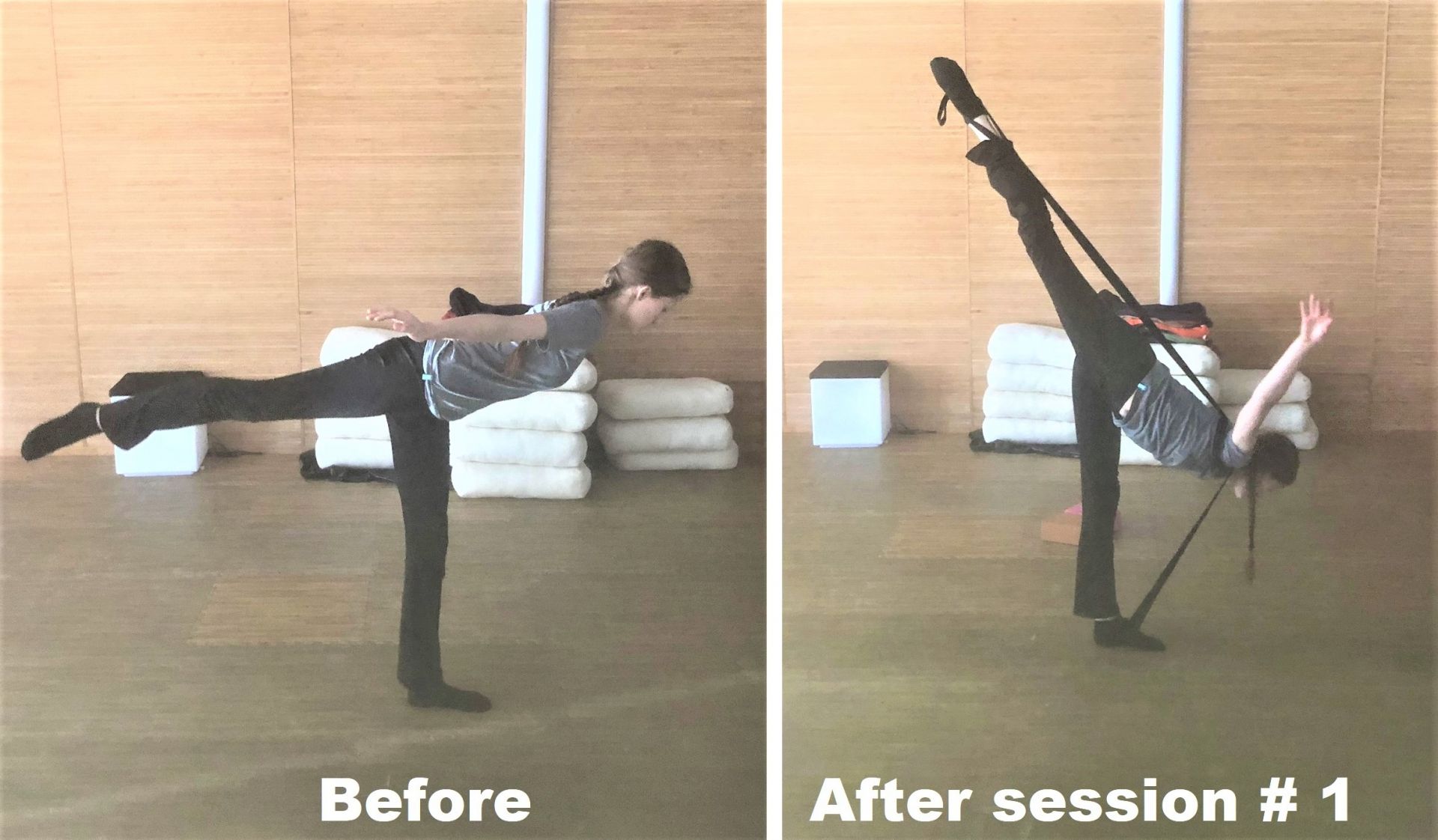 Ballet dancer before & after results penche is 5 times higher using Stacey Stretch Strap