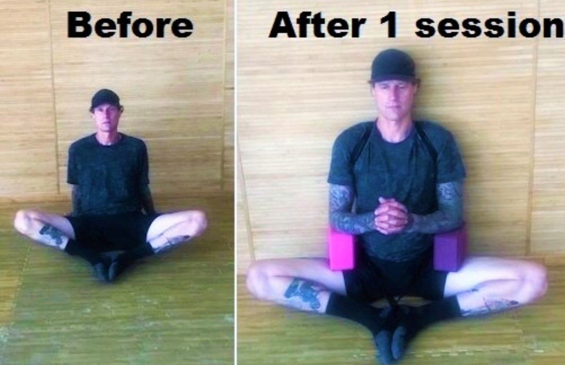 Man on floor butterfly wings knee are high up & uncomfortable in before pic after he's sitting stright with knees all the way to floor using yoga blocks on top of each leg