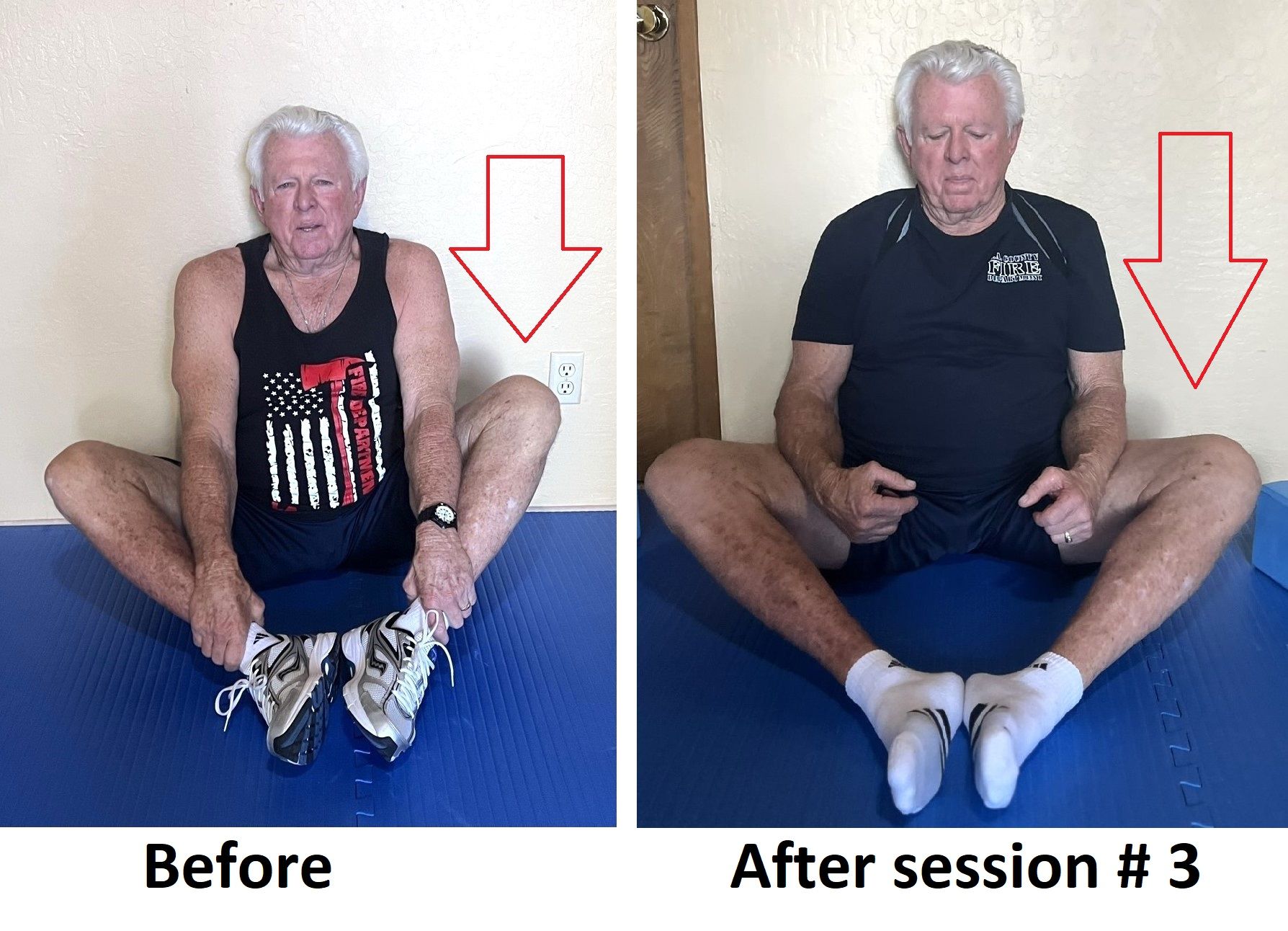 Older man on floor increased flexibility & evening the knee in butterfly wing stretch