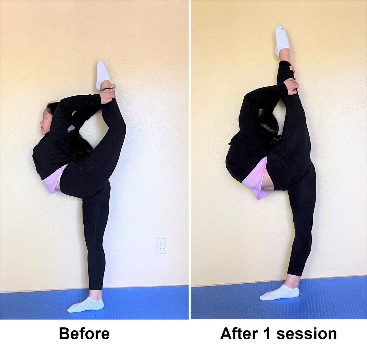 Before & after 1 flexibility session dancer in needle pose