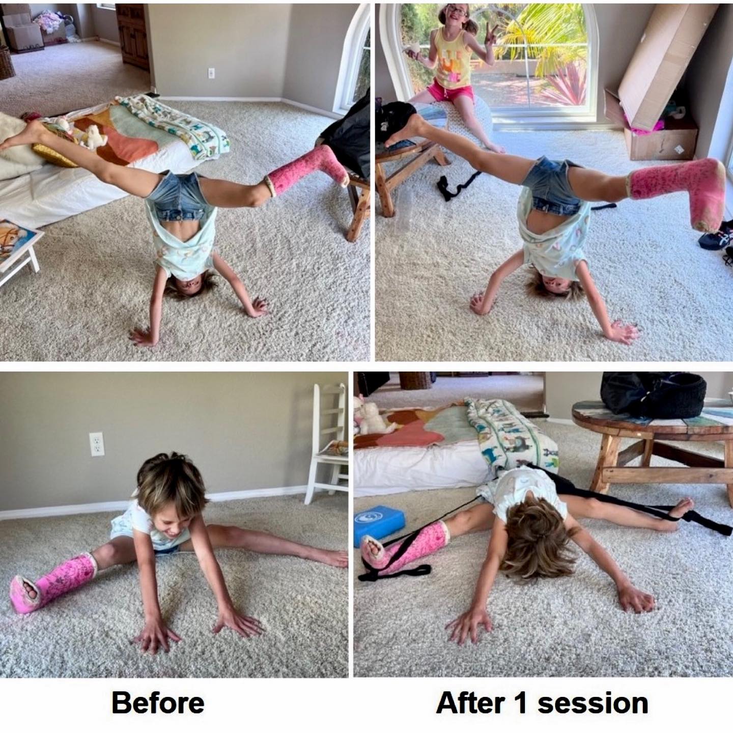 before and after increased flexibility in little girl's middle splits