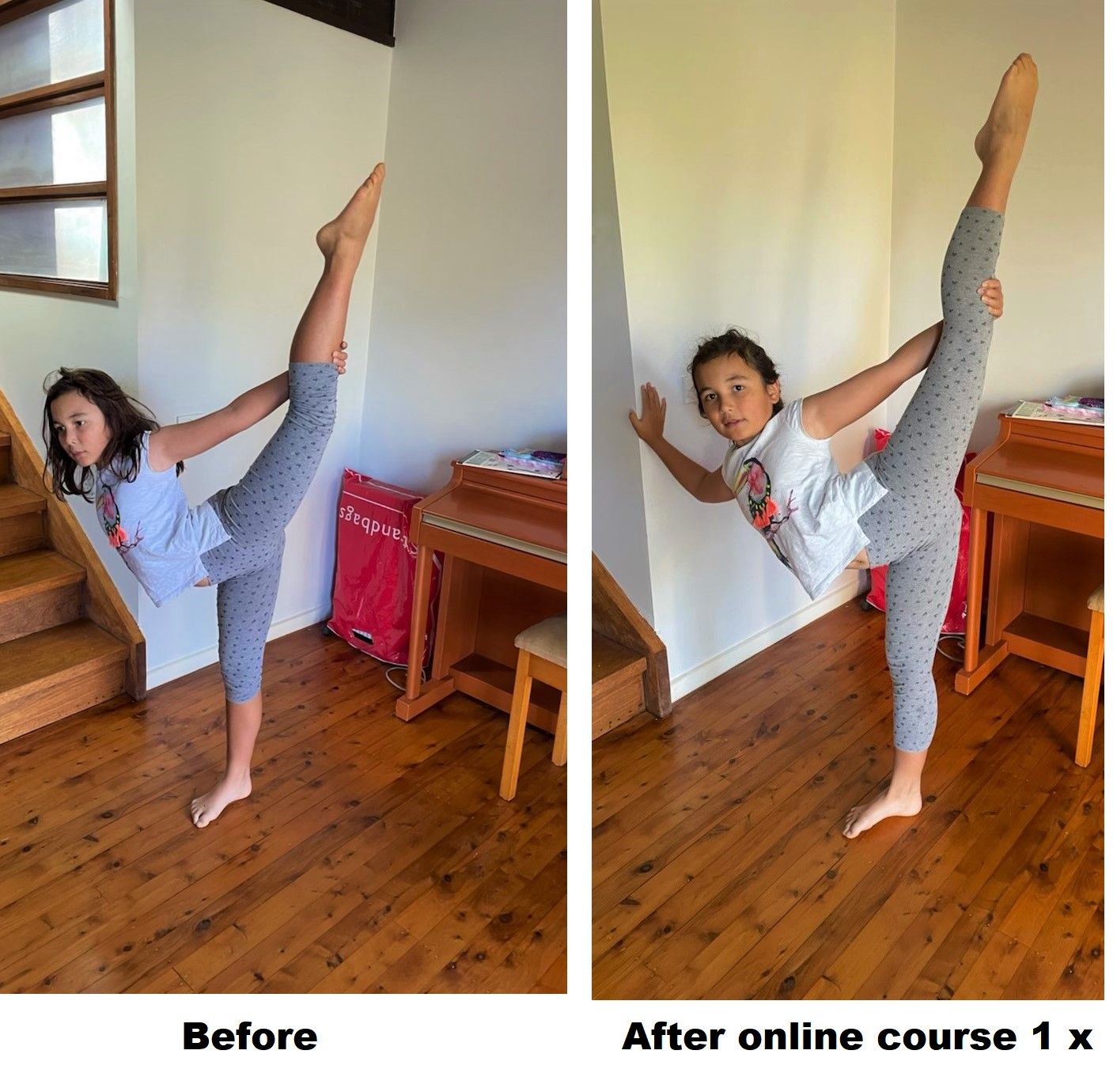 Before & after photo girl  showing able to hold leg up behind her higher and straighter after doing course 1 time 