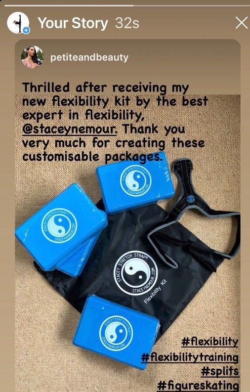 Social media story customer thrilled to receive Stacey's Flexibility kit showing yoga blocks, stretch band, Stacey Posture Strap & Flexibility Kit bag