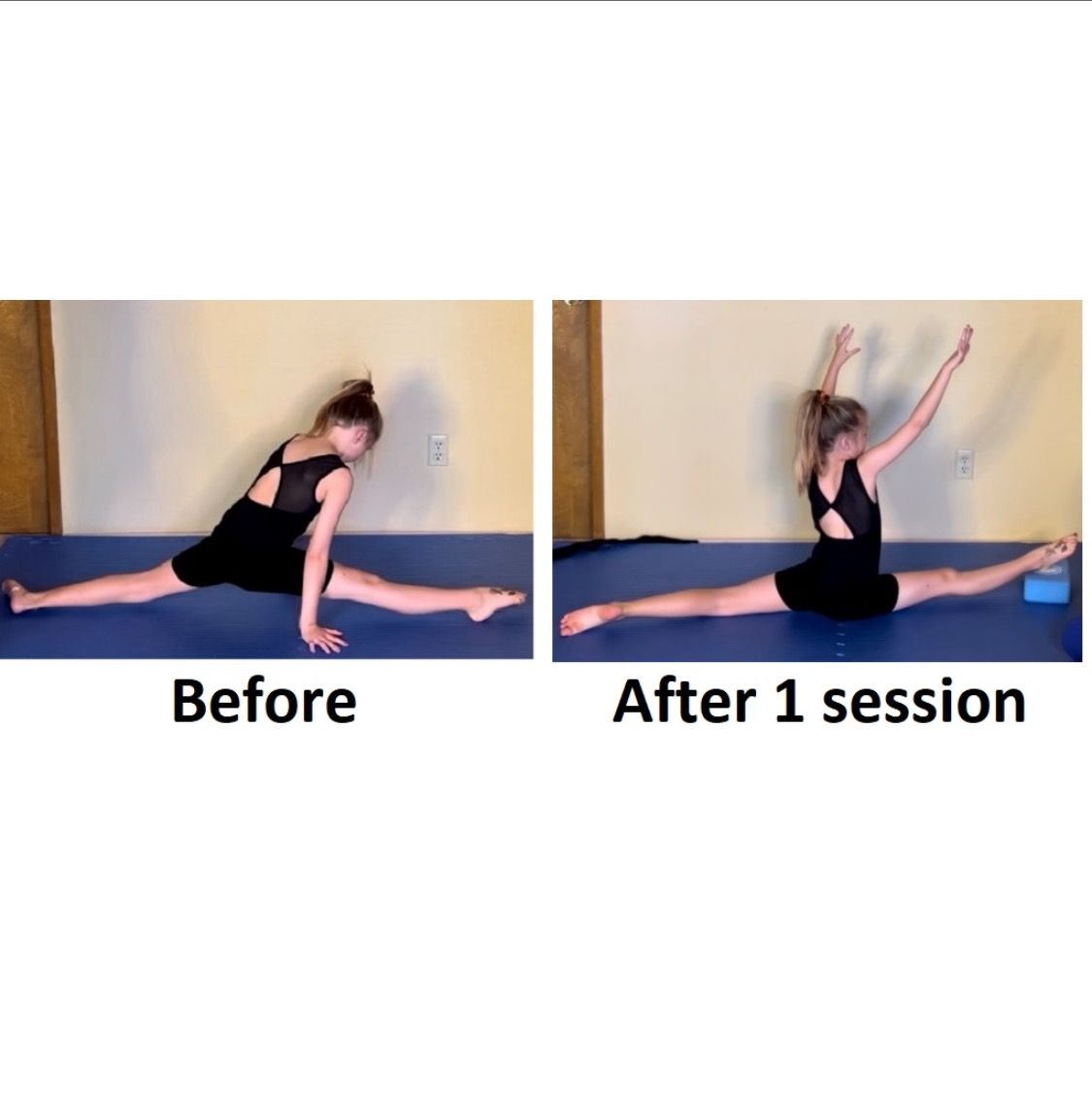 Showing increased flexibility now able to go past full splits into over-splits 