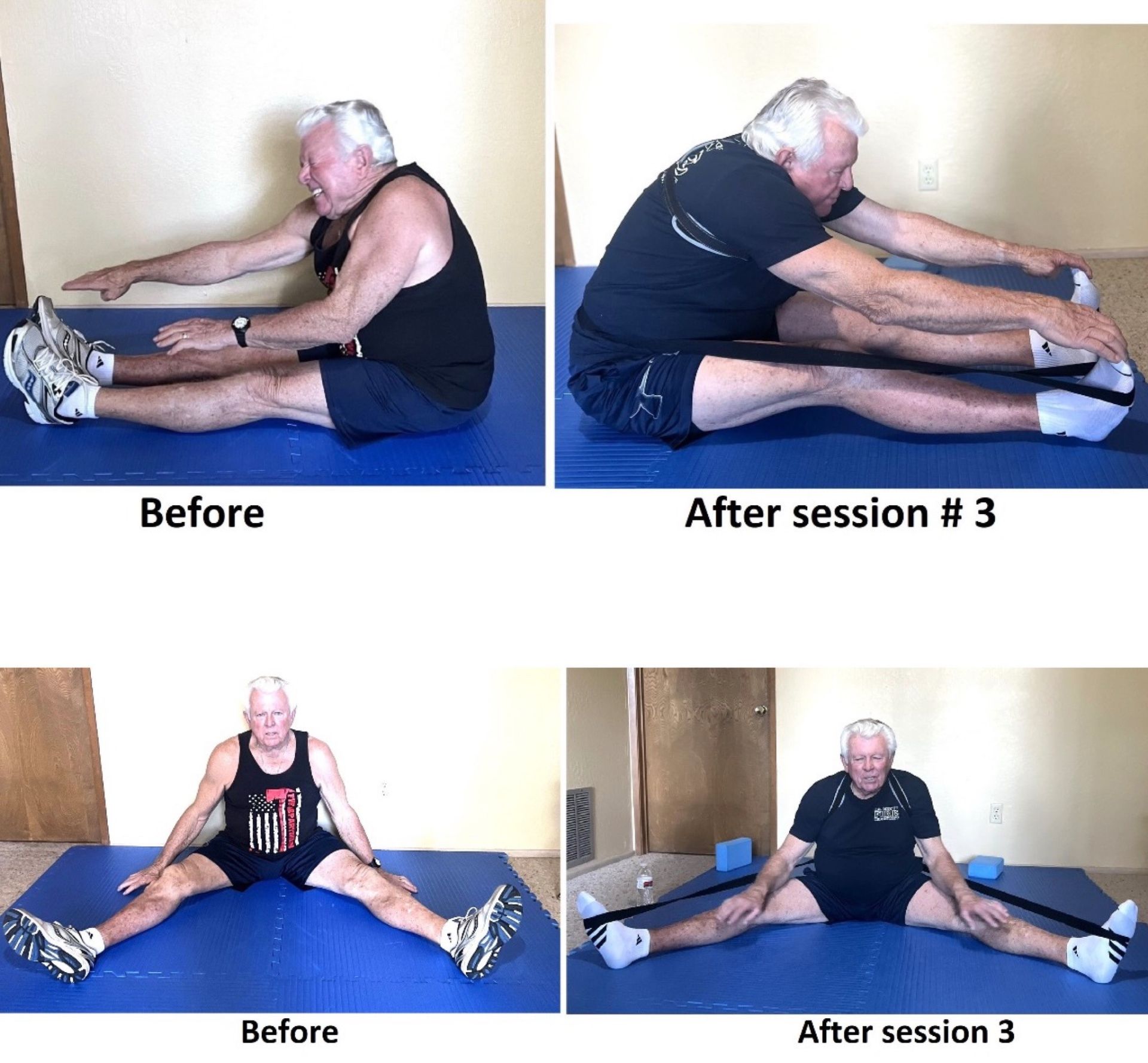 Older man increased mobility touching toes and open straddle stretch wider