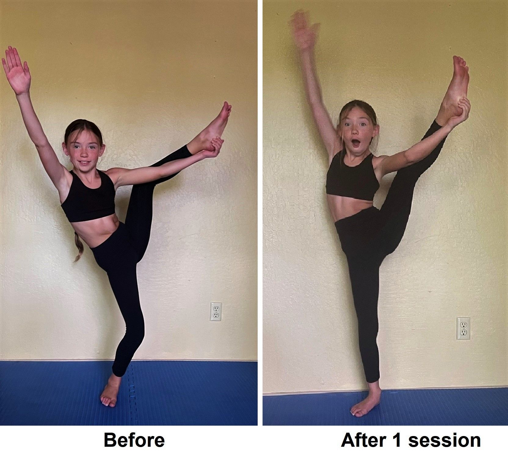 before & after flexibility progress young dancer leg hold