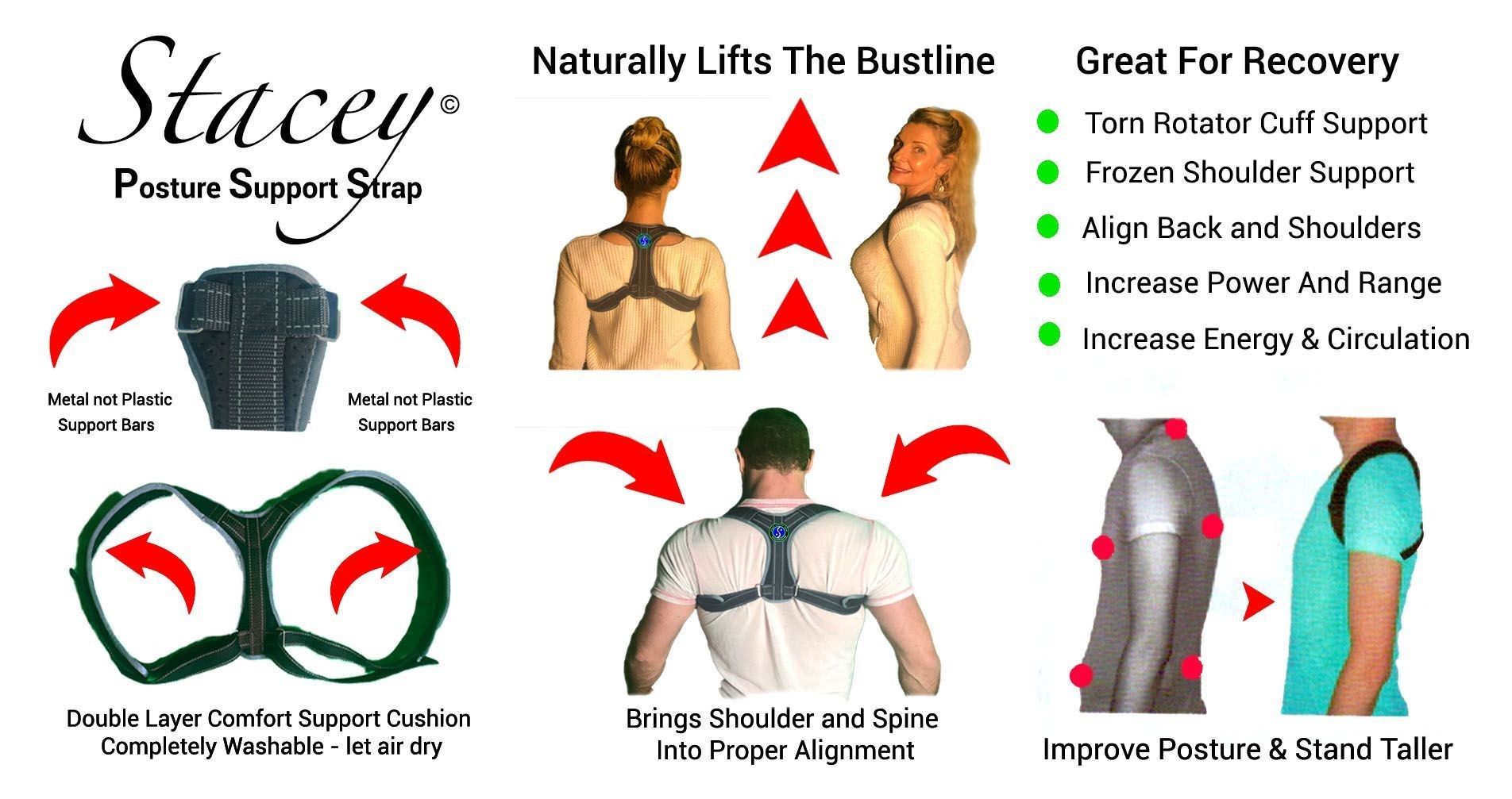 Stacey Posture Support Strap brochure showing how it immediately improves posture