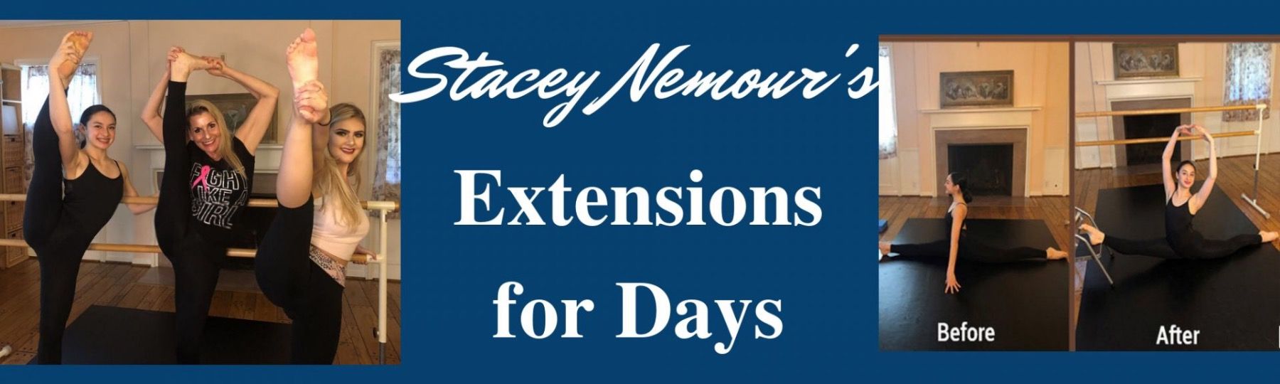 "Extensions for Days" Online flexibility course showing dancers achieving over-splits and flexibility goals 