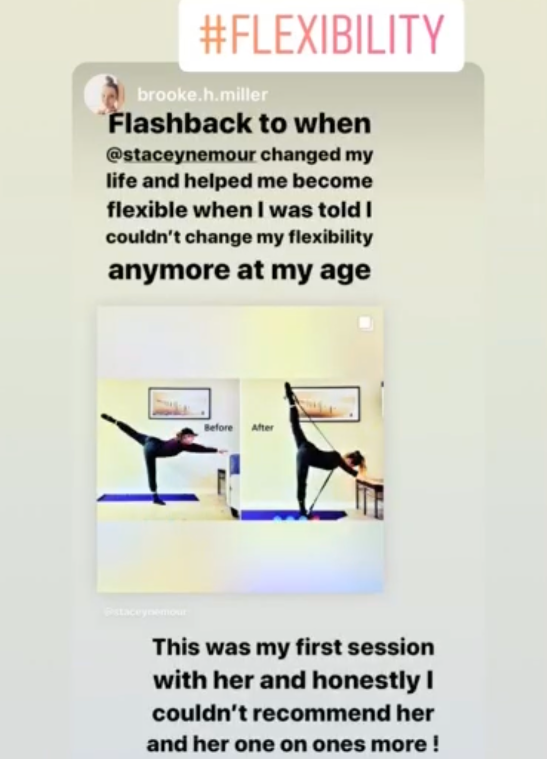 Photo testimonial Stacey Nemour changed my life by helping me to become flexible 