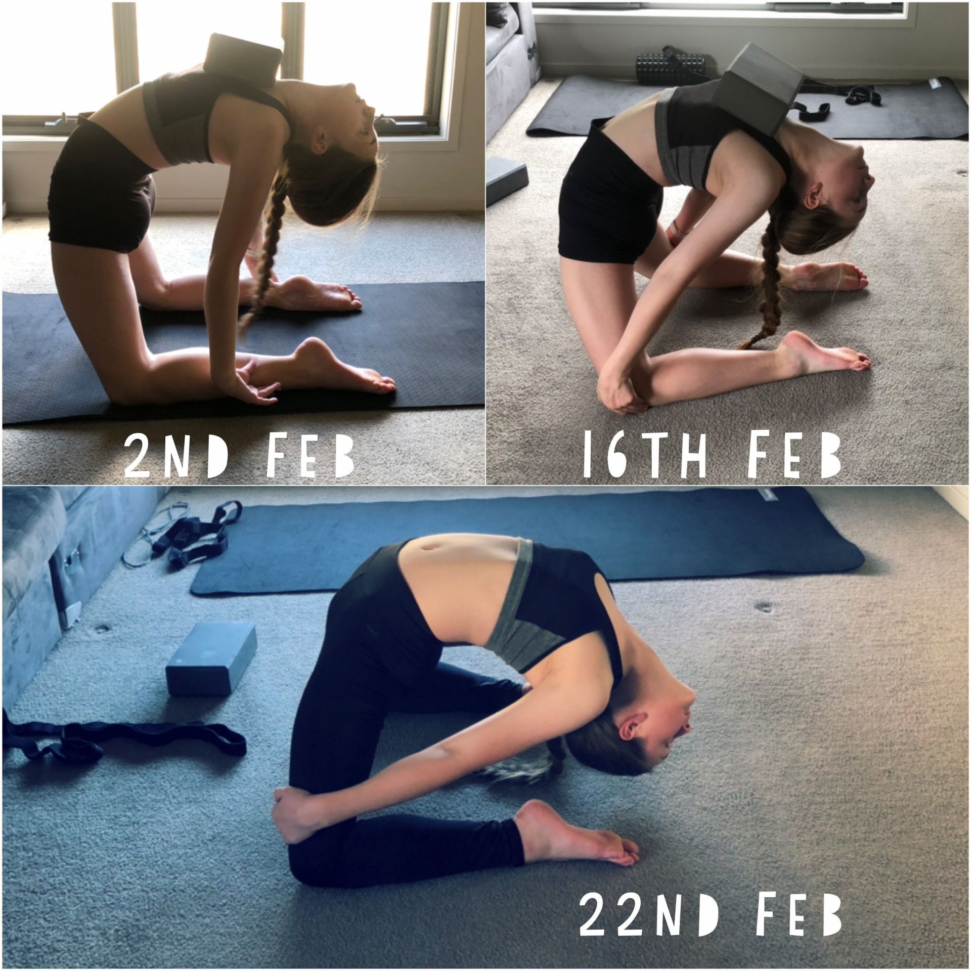 3 photos of back arcg progress after using Stacey's flexibility course