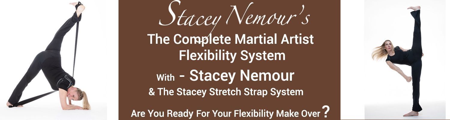 Complete Martial Artist Flexibility System course card. Stacey unside down standing splits & another pic she's doing side kick straight up