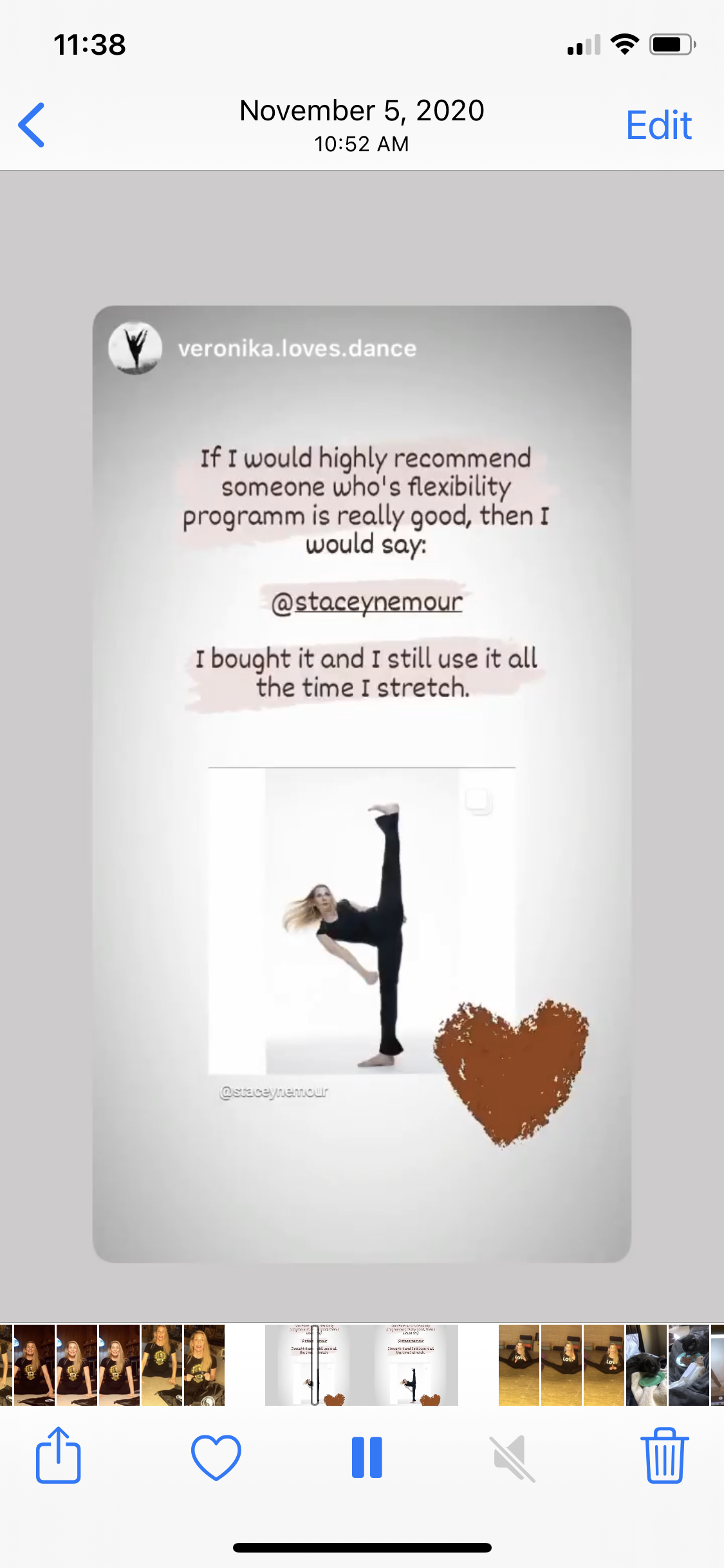 another social media testimonial post  recommending Stacey's flexibility program with pic of Stacey performing side kick straight up