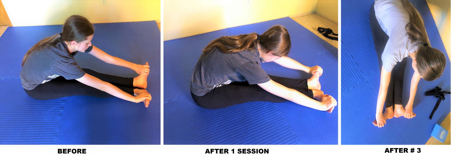 Ballet dancer shows turnout improvement sitting down legs out in front of her holding feet and turning them out during 9 minute turnout course