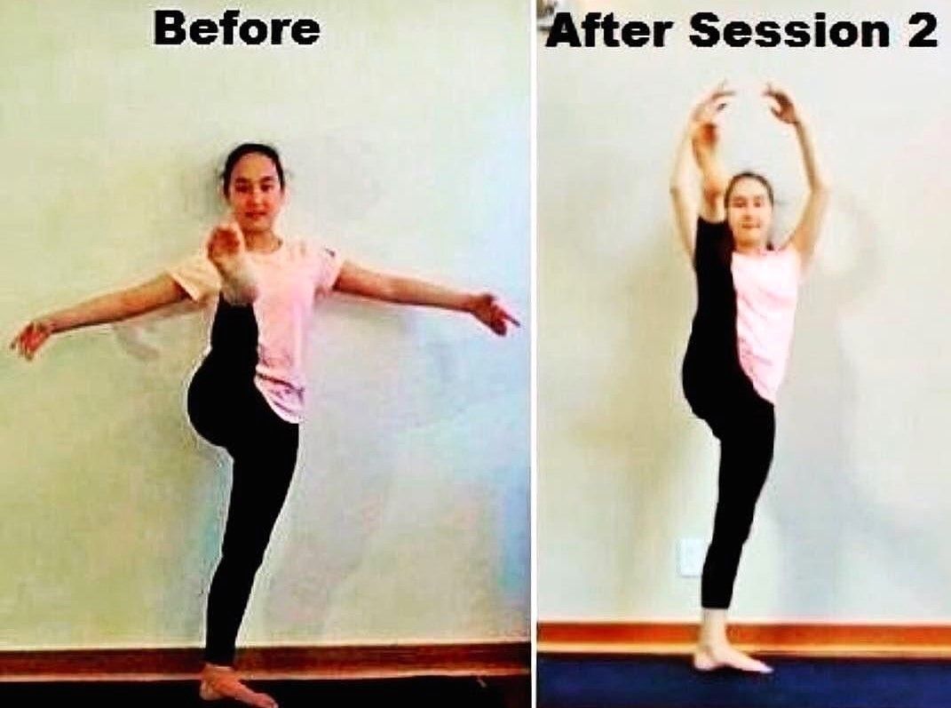 Before developpe just above hips in After results leg is straight up to should level