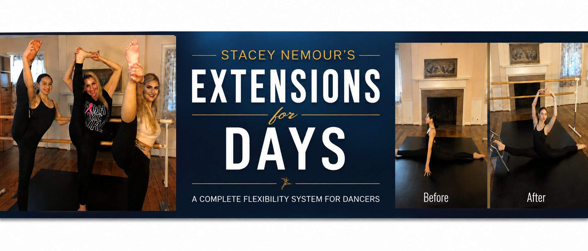 "Extensions for Days" Online flexibility course showing dancers achieving over-splits and flexibility goals 