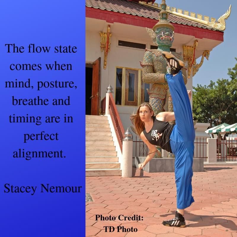 Stacey high roundhouse kick "The flow state mind, posture, breathe & timing in perfect alignment