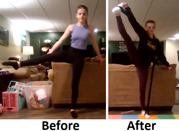 before & after flexibility progress teenage dancer leg hold