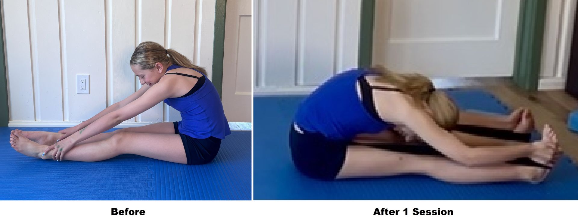 increased flexibility in hamstring stretch can touch toes in the after photo