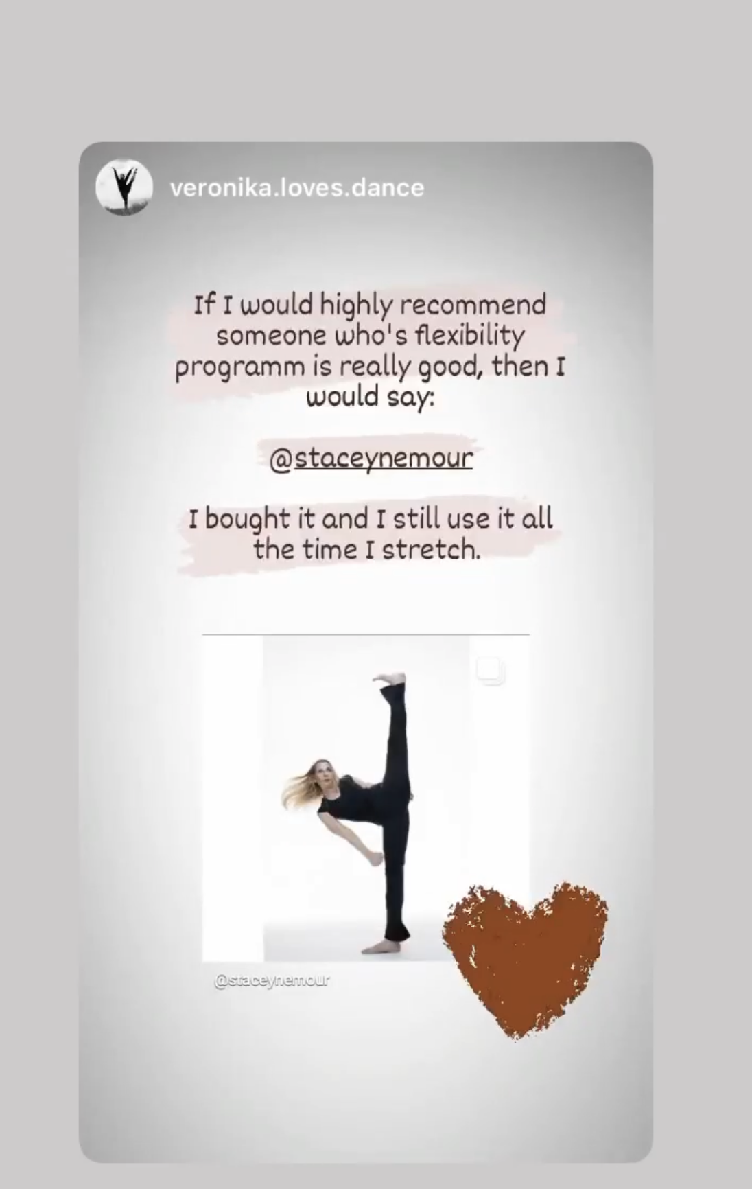 social media testimonial post  recommending Stacey's flexibility program with pic of Stacey performing side kick straight up