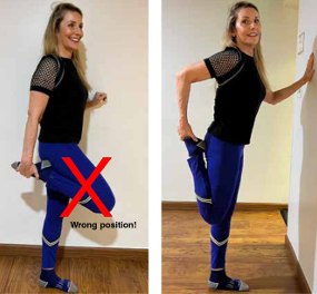 wrong position for quad stretch & correct way to stretch quad instanding strech with knee by other knee foot towards buttocks holding wall for balance