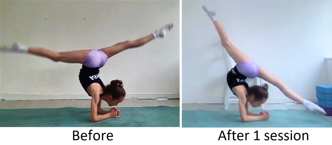 Before and after flexibility results with rhythmic gymnast elbow stand in splits in after pic she has massively improved splits and back arch