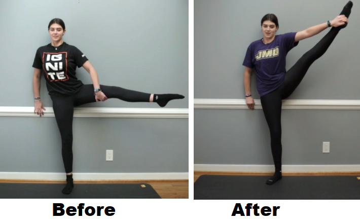 Dancer able to hold leg up higher after Stacey's flexibility training