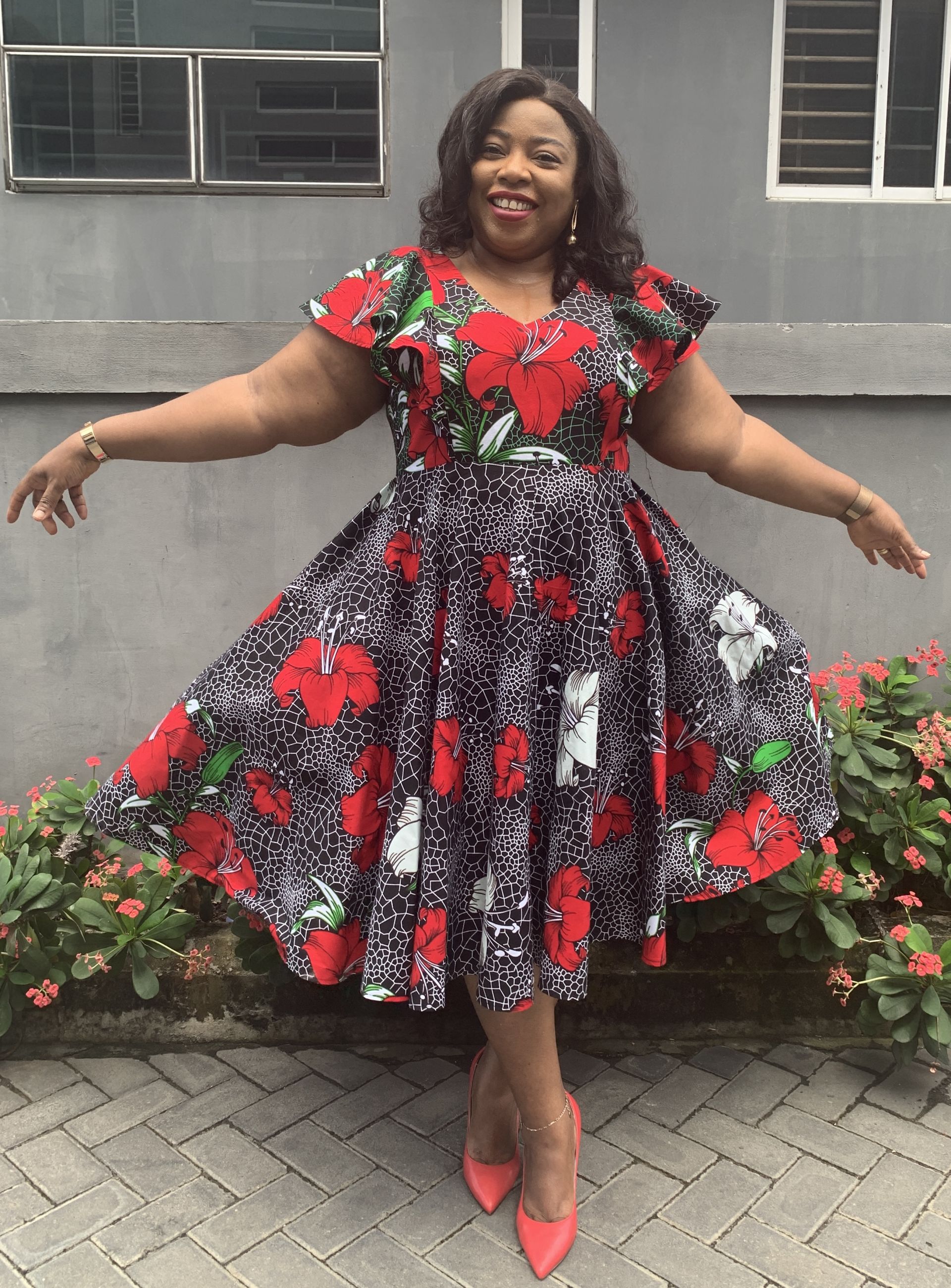 Flounce Sleeve Mesh Yoke Flare Dress