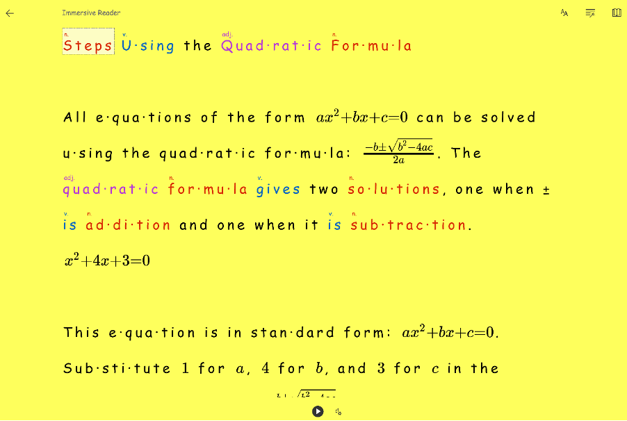 an online reading tool reading a maths equation