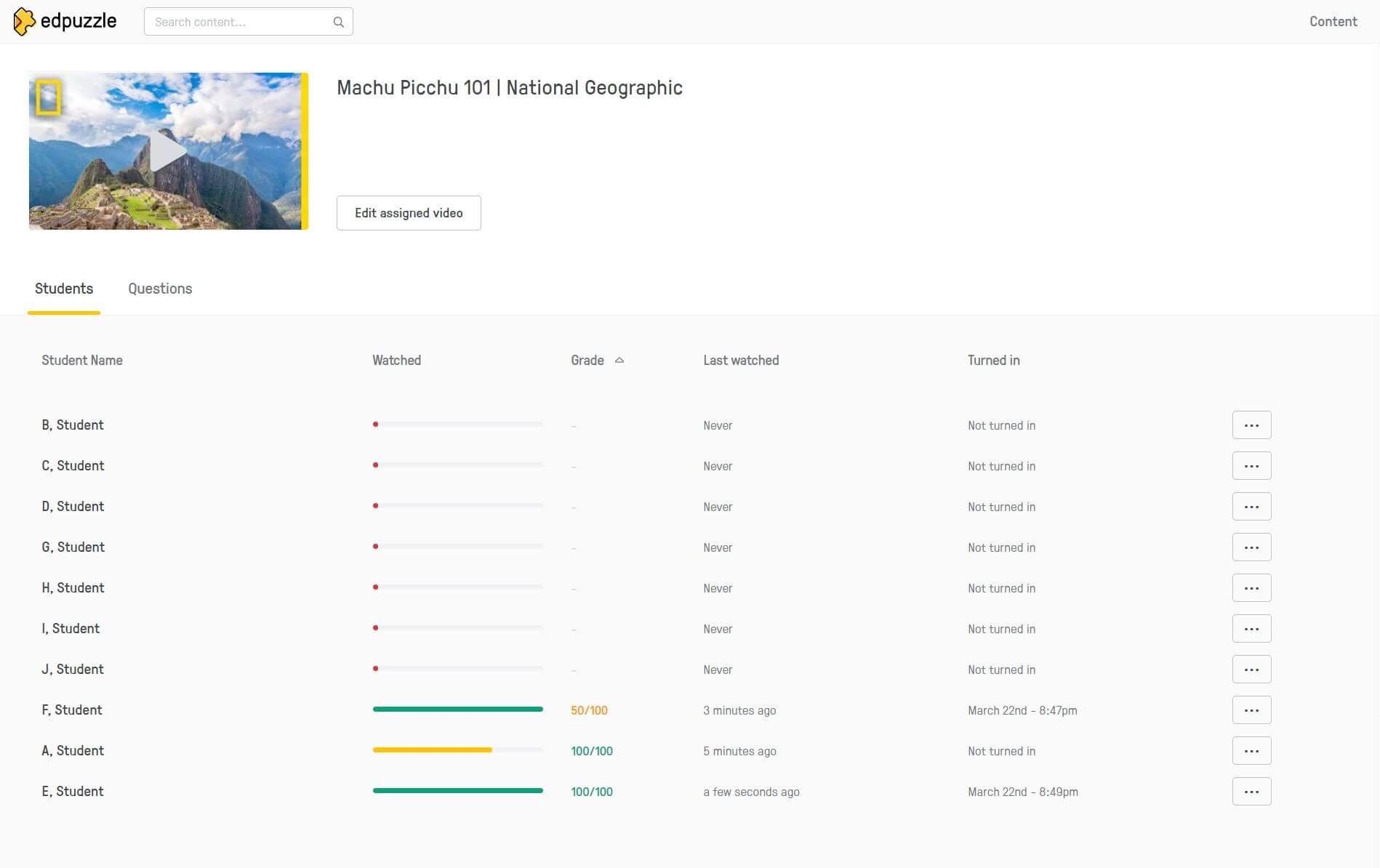 student engagement tracking in edpuzzle