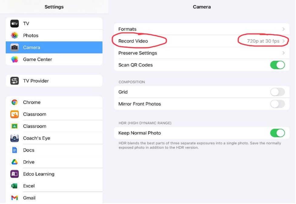 a screenshot of an iPad screen showing how to change the camera quality