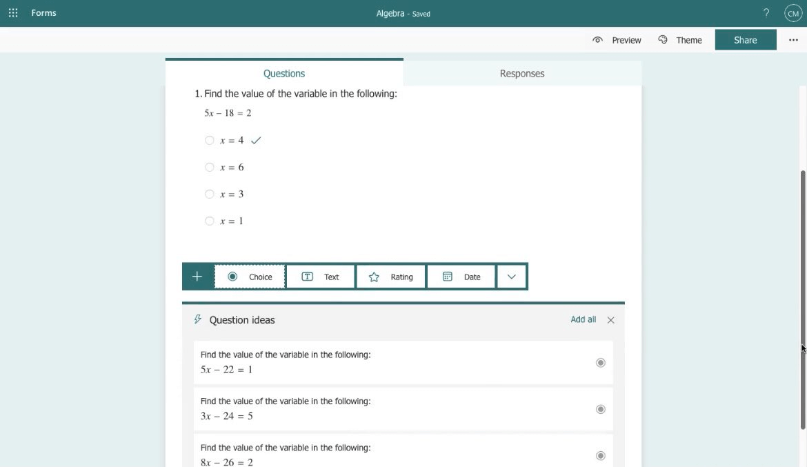 a student assessment test on Microsoft Forms