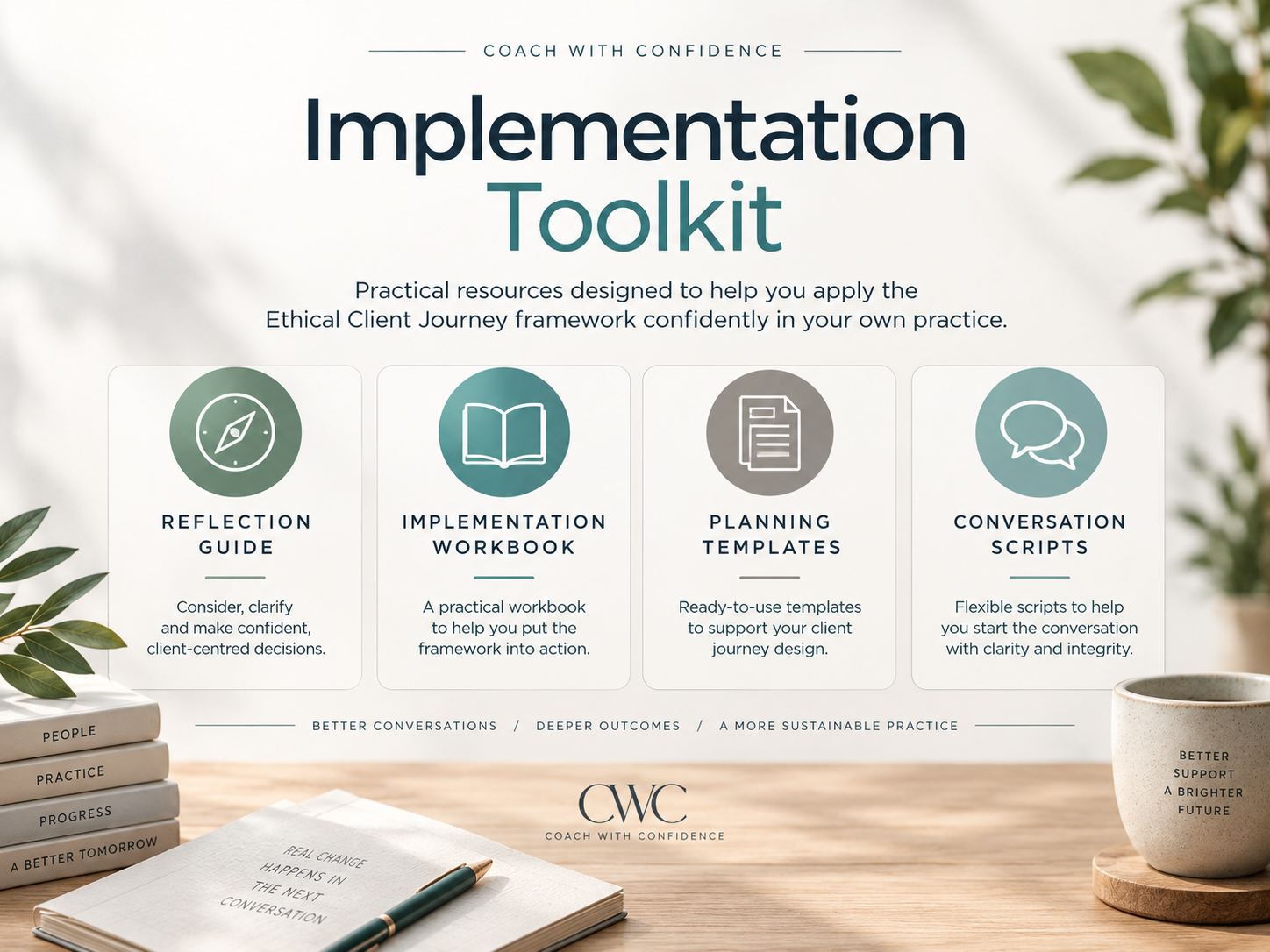 Implementation Toolkit for the Ethical Client Journey, showing a Reflection Guide, Implementation Workbook, Planning Templates and Conversation Scripts included with the Coach With Confidence masterclass.