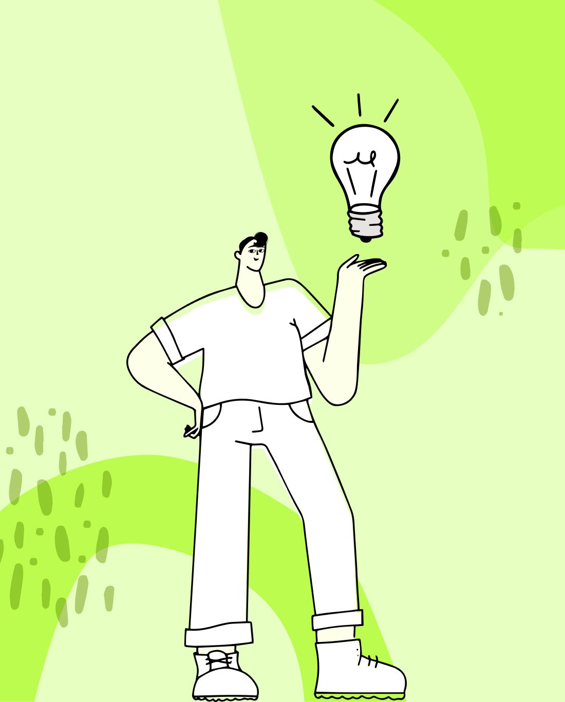 Illustration of a person standing presenting a lightbulb representing an idea