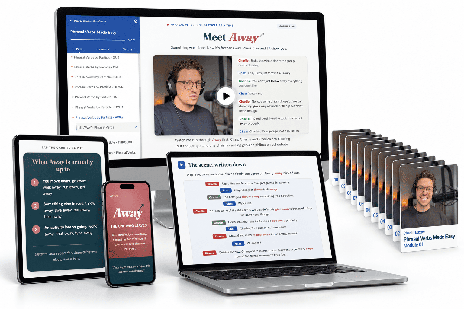 Phrasal Verbs Made Easy: video lessons, written dialogues and interactive cards shown on desktop, laptop, tablet and phone, alongside the lesson-card stack