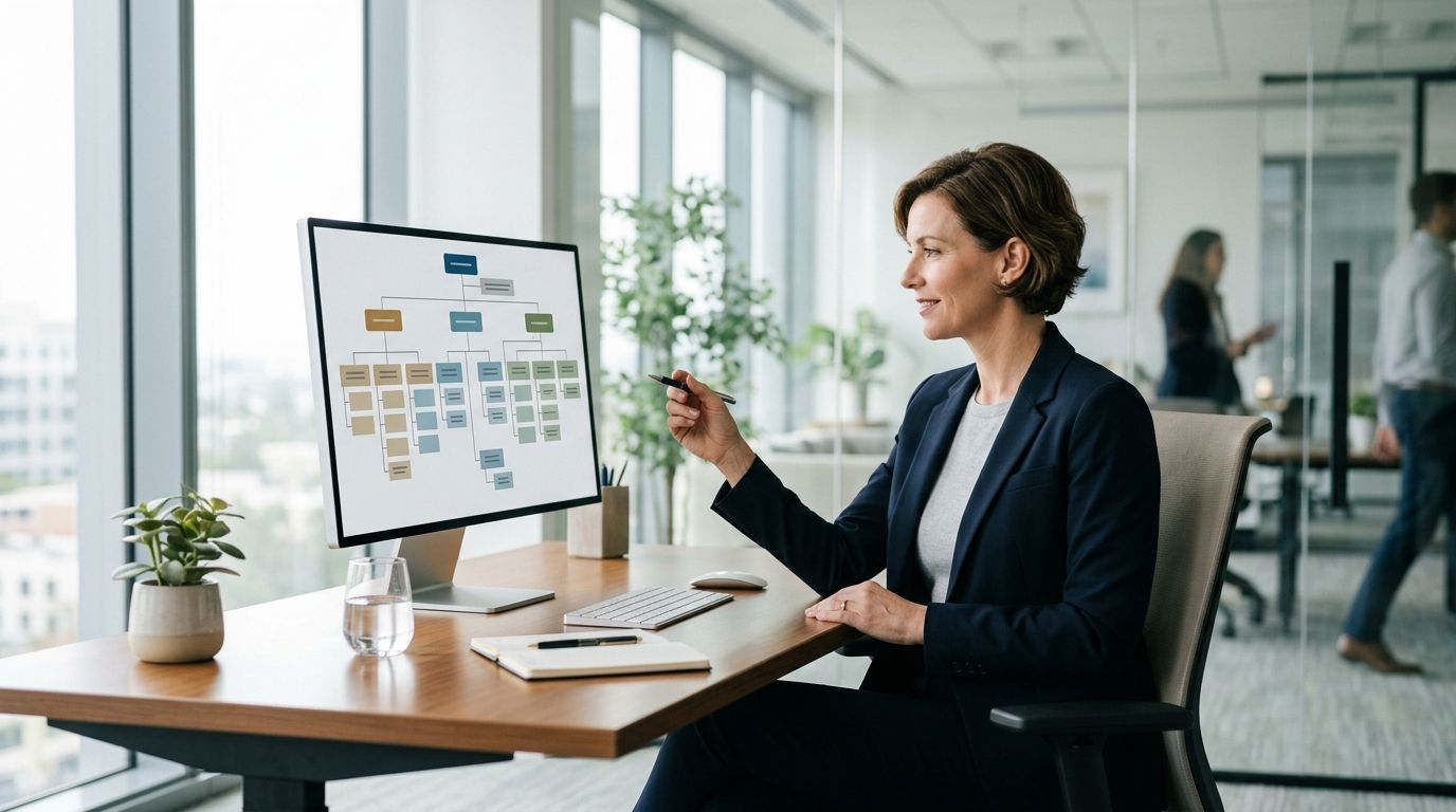 Une responsable d'équipe organise des processus sur un écran d'ordinateur, dans un bureau lumineux