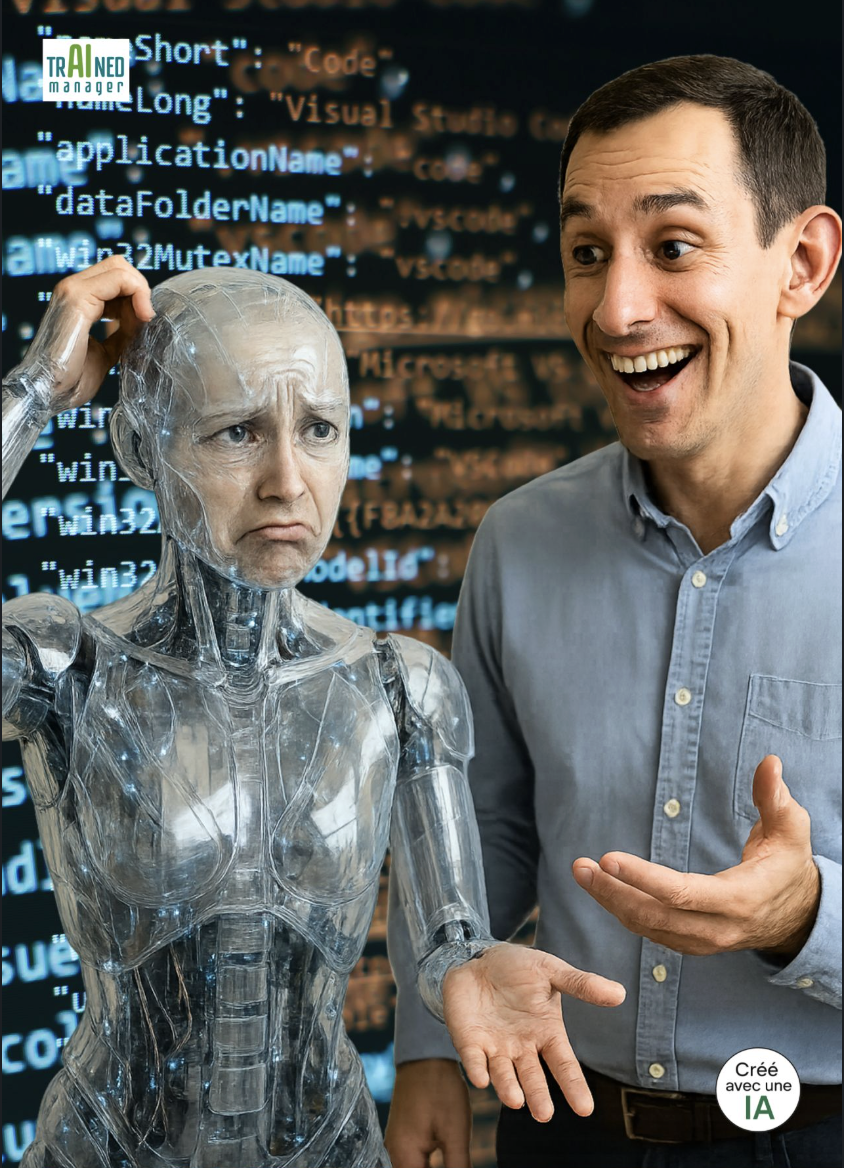 Un homme s'adresse à un robot humanoïde perplexe, image illustrant la communication avec l'IA