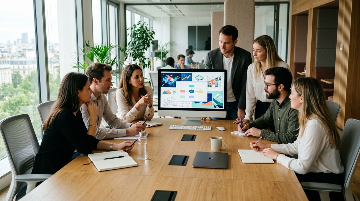 Équipe réunie autour d'une table de réunion, un écran affiche des graphiques d'usage de l'IA