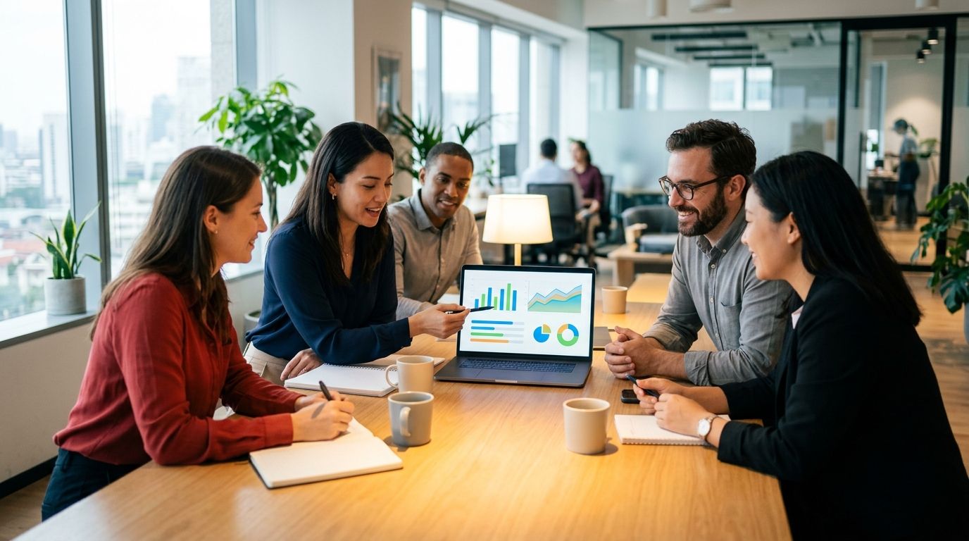 Une équipe de PME échange autour d'un ordinateur portable affichant des graphiques, dans un bureau lumineux