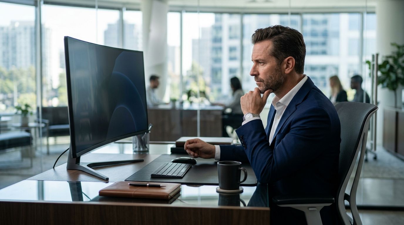 Un cadre d'entreprise assis à son bureau moderne avec une tasse de café, observant attentivement son écran d'ordinateur dans une posture de réflexion stratégique, sans aucun texte ni logo