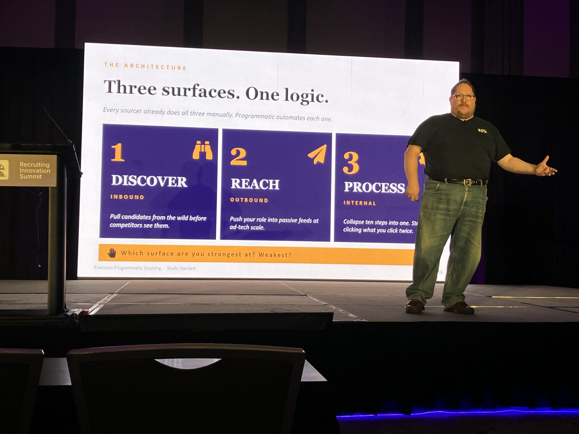 Shally Steckerl speaking at the ERE Recruiting Innovation Summit in front of a slide reading "Programmatic is not advertising. It's sourcing logic, executed by code, measured by outcomes," next to a panel listing what programmatic sourcing actually is.