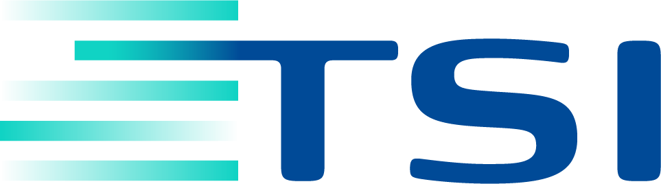 TSI Logo, blue, bule to transparent fading bars on the left with the letters T, S and I  on the right.