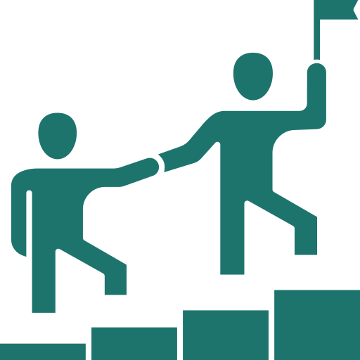 graphic of two people walking up stairs. The person in front is holding a flag and helping the second person up the stairs